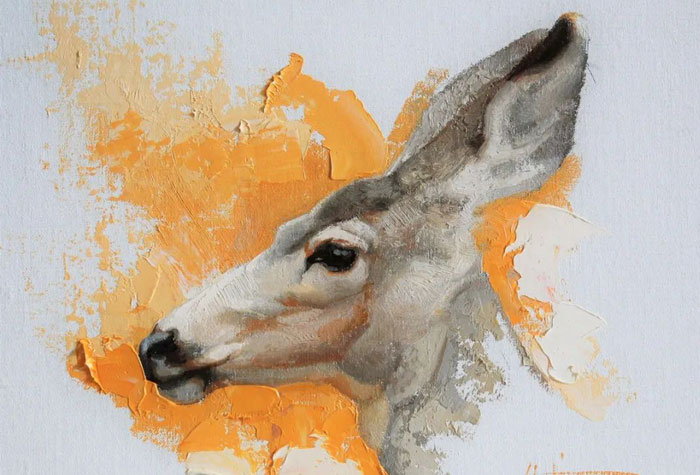 美國著名女畫家阿比蓋爾·古廷油畫作品欣賞，羚羊與耗牛