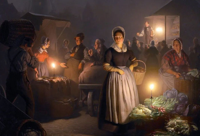 荷蘭畫家彼得·范·申德爾，150多年前的夜市，因他的燭光而格外耀眼